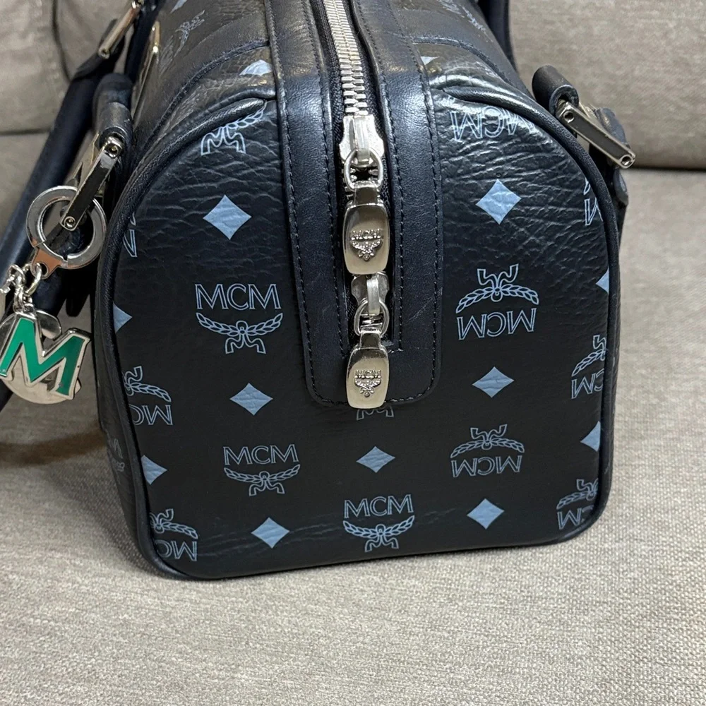 MCM  Visetos Black Boston Bag Leather Trim Silver Hardware Charms CIOA